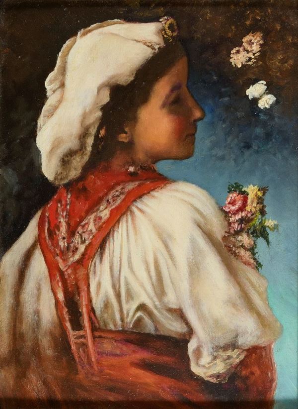 DIPINTO GIOVANE POPOLANA CON FIORI