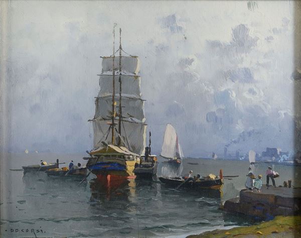 DIPINTO VELIERO PRESSO IL PORTO DI NICOLAS DE CORSI