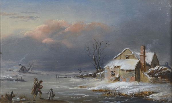 DIPINTO PAESAGGIO INNEVATO DI PITTORE NORDICO