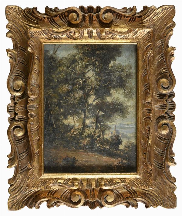 COPPIA DIPINTI BOSCO E PAESAGGIO LACUSTRE