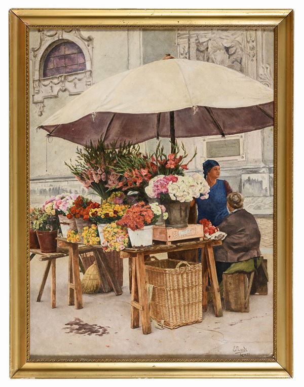 DIPINTO MERCATO DI FIORI DI ENRICO NARDI
