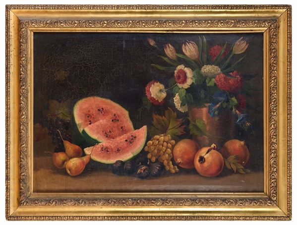 DIPINTO NATURA MORTA DI FRUTTA E VASO DI FIORI