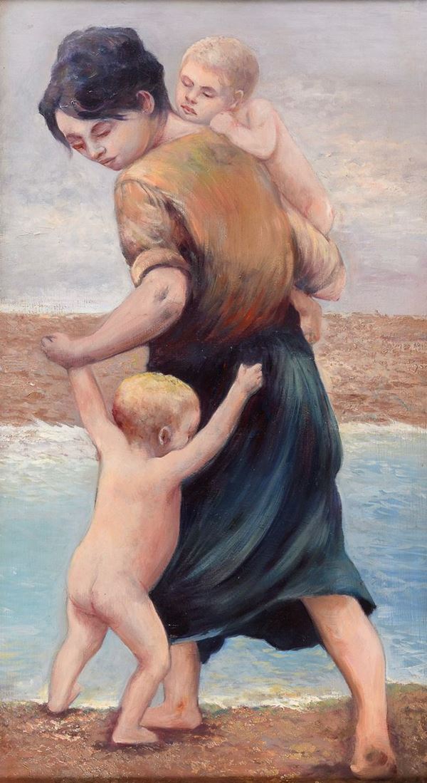 DIPINTO MAMMA CON FIGLI SULLA SPIAGGIA