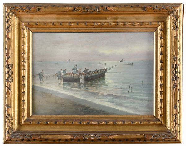 PESCATORI AL TIRO DELLE RETI DI PITTORE NAPOLETANO