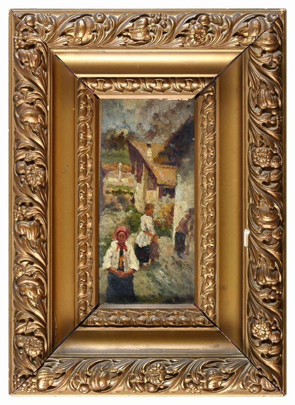 DIPINTO SCORCIO DI BORGO MONTANO CON DONNE