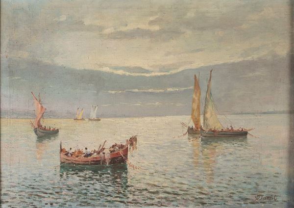 DIPINTO BARCHE DI PESCATORI DI PITTORE VENETO