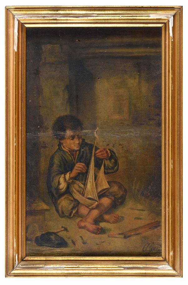 DIPINTO BIMBO CON GIOCATTOLI F.TO A. FERZ