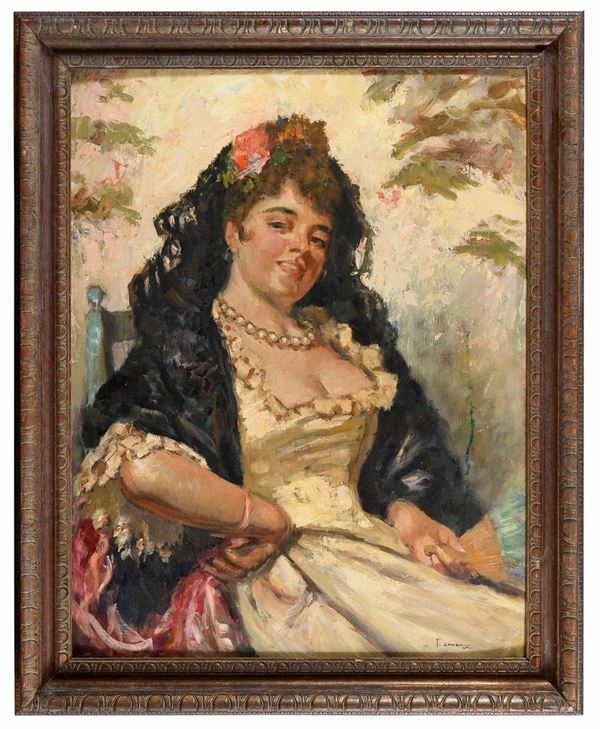 DIPINTO GIOVANE DONNA CON ROSA ROSSA