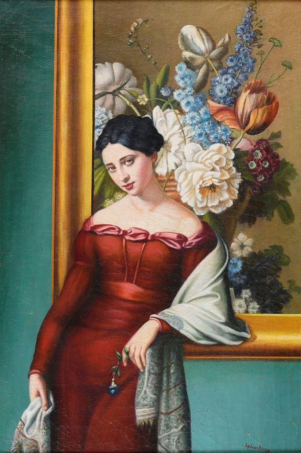 DIPINTO RITRATTO DI DONNA IN ROSSO