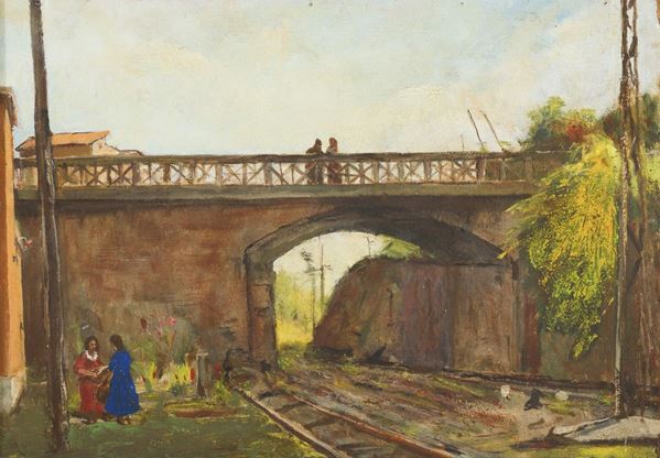 DIPINTO PONTE FERROVIA AUTORE SARDO 1942