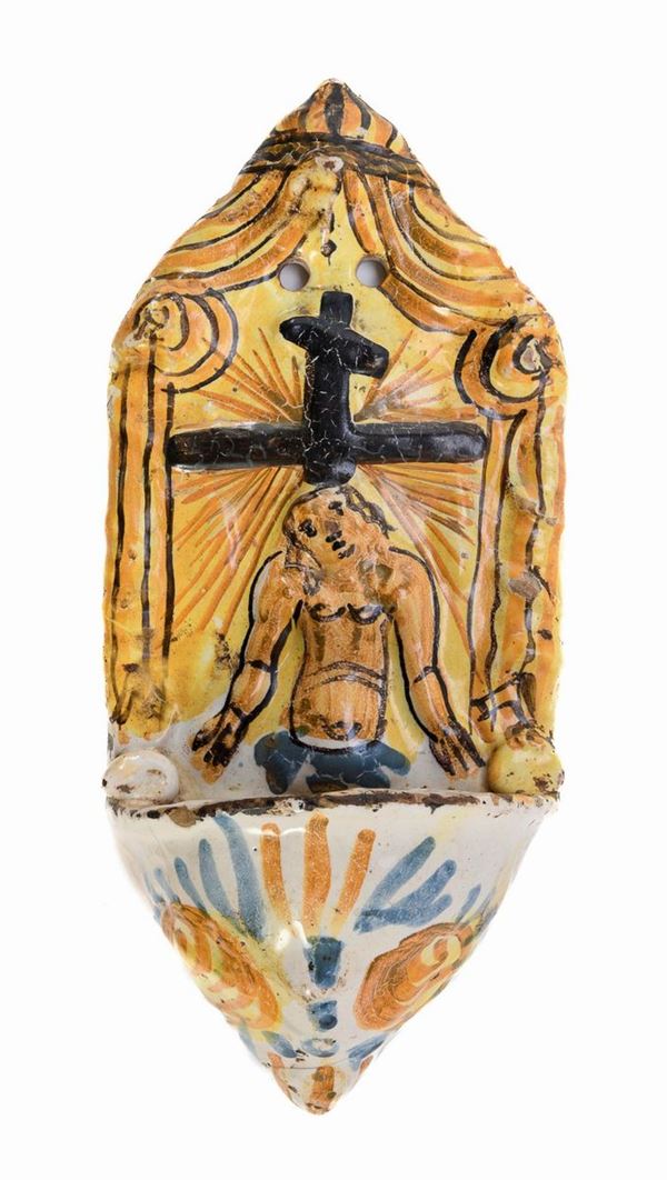 ACQUASANTIERA IN MAIOLICA, PROBABILMENTE CASTELLI