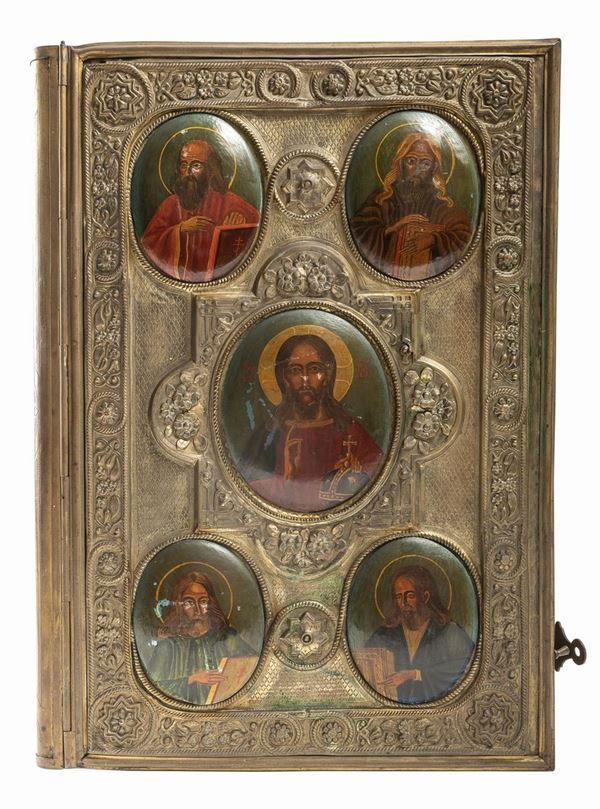 BIBBIA RUSSA CON COPERTINA IN BRONZO E MINIATURE