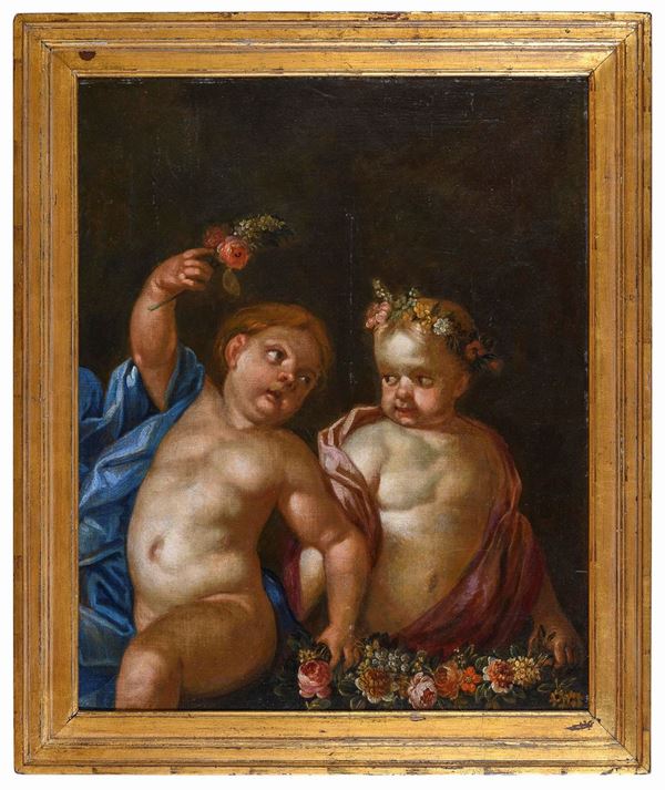 PUTTI CON GHIRLANDE DI PITTORE GENOVESE DEL SEICENTO