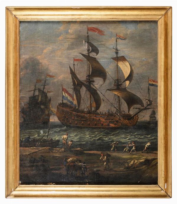 VEDUTA PORTUALE DI PITTORE OLANDESE INIZIO SETTECENTO