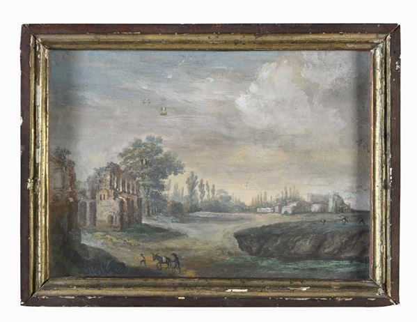TEMPERA PAESAGGIO CON ROVINE DI SCUOLA ROMANA