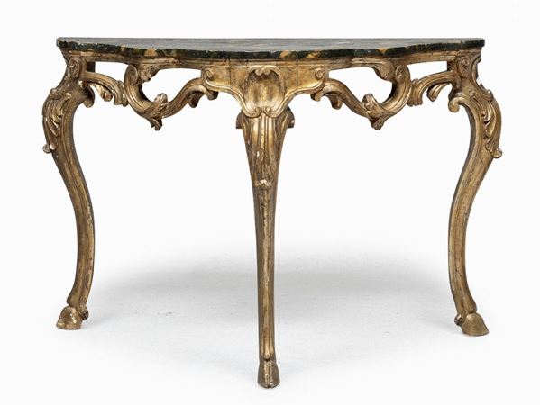 BELLA CONSOLE IN LEGNO DORATO, PROBABILMENTE EMILIA
