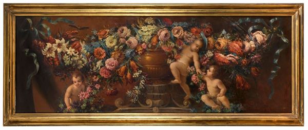 DIPINTO GHIRLANDA DI FIORI CON PUTTI