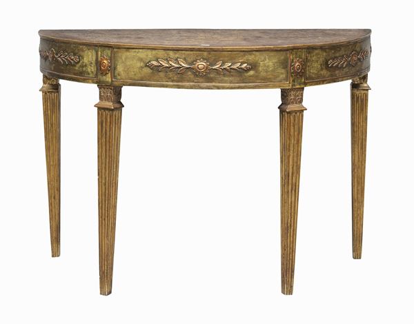 CONSOLE A DEMILUNE IN LEGNO DORATO, NAPOLI