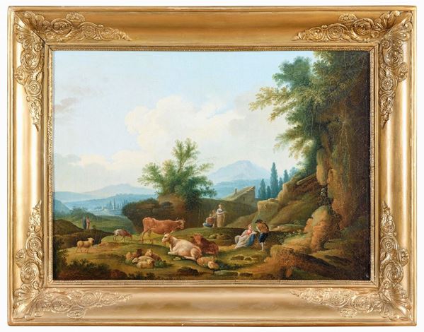 PAESAGGIO CON SCENE ARCADICHE DI PITTORE FRANCESE