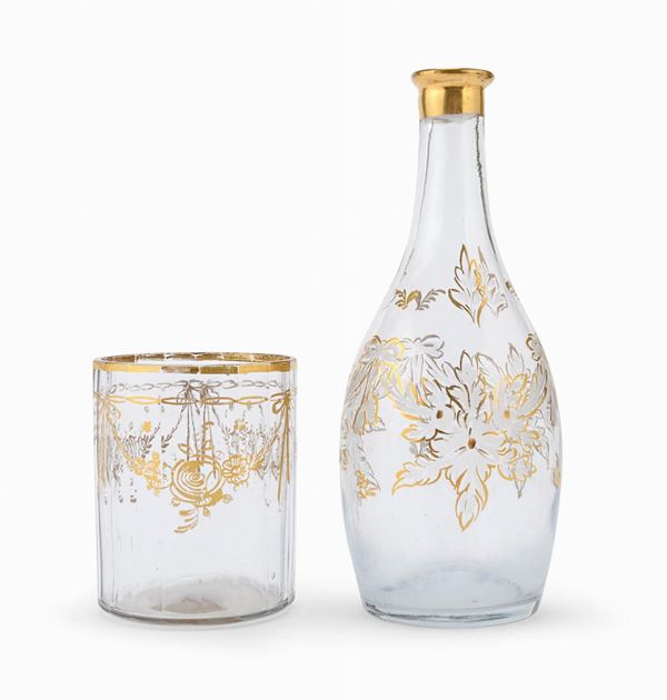 BOTTIGLIA DA LIQUORE E BICCHIERE IN VETRO