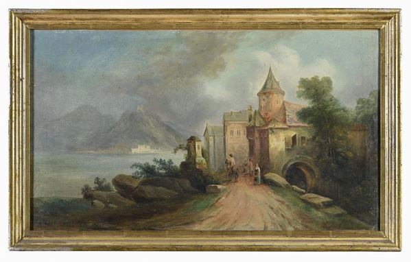 PAESAGGIO LACUSTRE CON BORGO DI PITTORE NORDICO