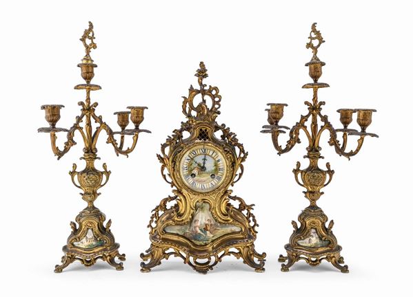 TRITTICO DA CAMINO IN BRONZO E PORCELLANA