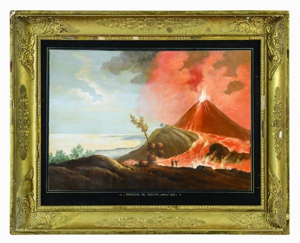 GOUACHE ERUZIONE DEL VESUVIO, NAPOLI 1822