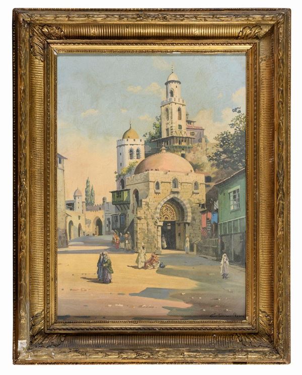 GOUACHE CITT&#193; ARABA CON MINARETO E FIGURE