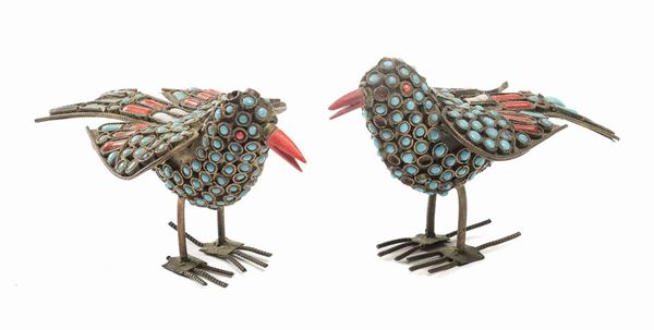 COPPIA DI UCELLINI CON TURCHESI E CORALLI