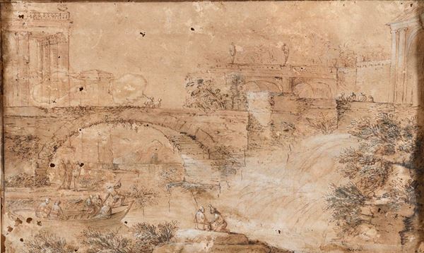 SEPPIA PAESAGGIO DI FANTASIA DI PITTORE ROMANO DEL SETTECENTO