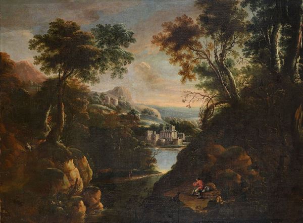 PAESAGGIO CON PALAZZO NOBILIARE DI PITTORE OLANDESE DEL SEICENTO