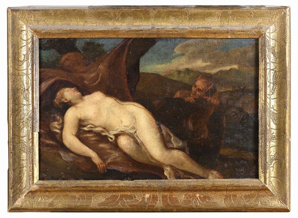 VENERE SPIATA DA UN SATIRO DI PITTORE VENETO DEL SEICENTO