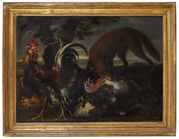 PAESAGGIO CON GALLO, TACCHINO E VOLPE ATTRIBUITO AL CRIVELLONE
