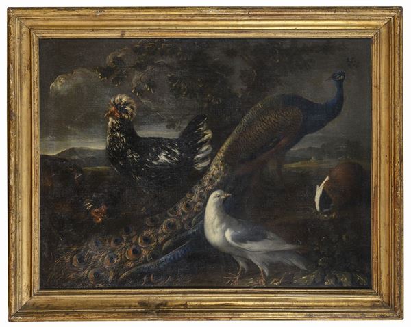 PAESAGGIO CON PAVONE E PORCELLINO D&#39;INDIA ATTRIBUITO AL CRIVELLONE