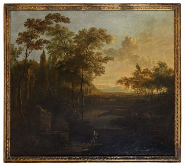 DIPINTO PAESAGGIO CON CACCIATORI DI FREDERIK DE MOUCHERON