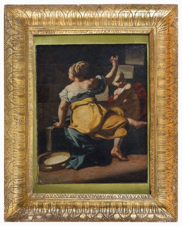 DONNA DI SPALLE CON PUTTO DI PITTORE NAPOLETANO DEL SETTECENTO