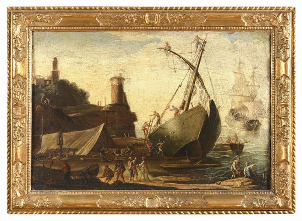 VEDUTA PORTUALE CON IMBARCAZIONI DI SEGUACE DI JACOB DE HEUSCH