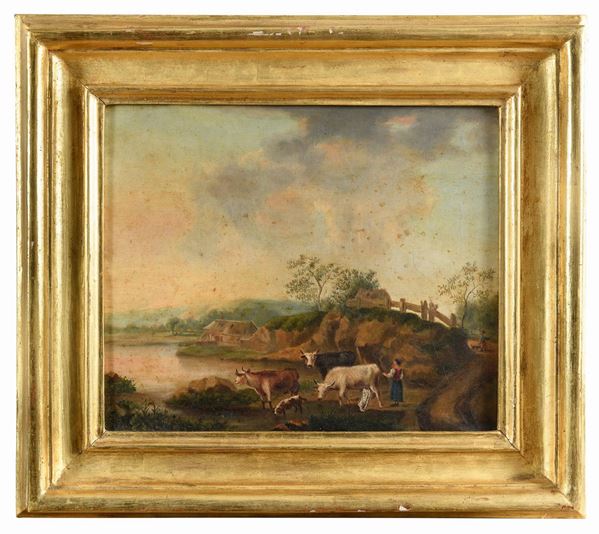 PAESAGGIO CON PASTORELLA E ARMENTI DI PITTORE FRANCESE