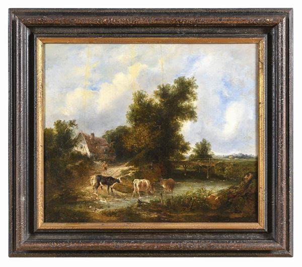 DIPINTO PAESAGGIO CON ARMENTI DI PITTORE FRANCESE