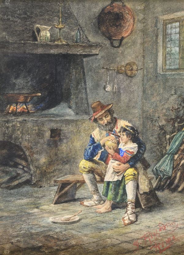 ACQUERELLO INTERNO CON FOCOLARE F.TO G. RIZZARDINI