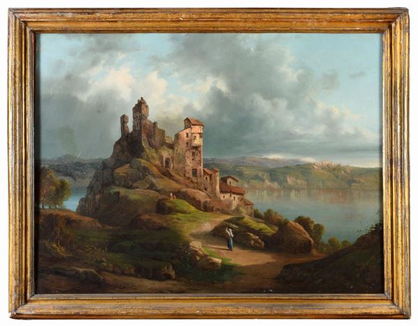 PAESAGGIO CON BORGO ARROCCATO DI PITTORE TEDESCO