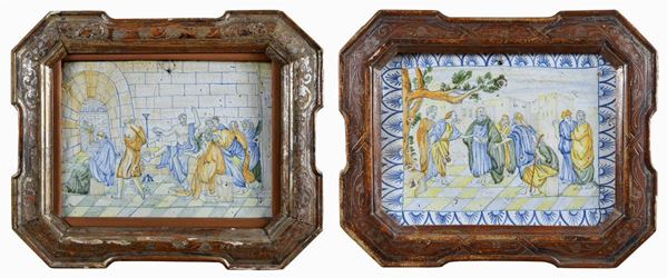 COPPIA DI MATTONELLE IN MAIOLICA, PROBABILMENTE CASTELLI
