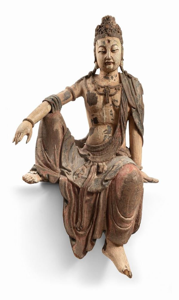 SCULTURA DI GUANYIN IN LEGNO DIPINTO, CINA FINE XIX, INIZIO XX SECOLO