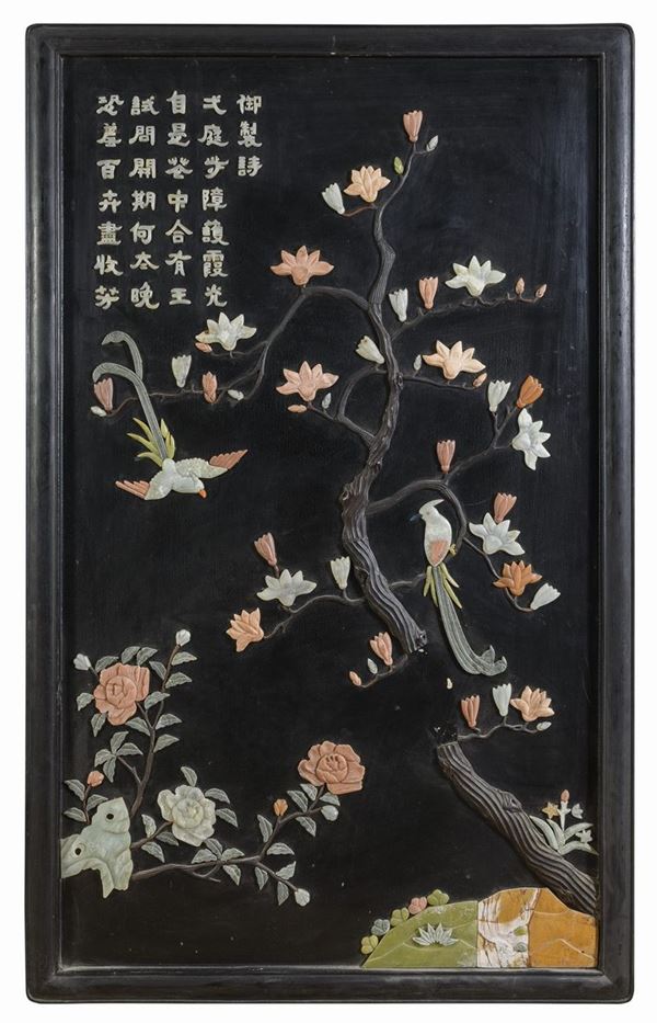 PANNELLO IN LEGNO E PIETRE DURE, CINA