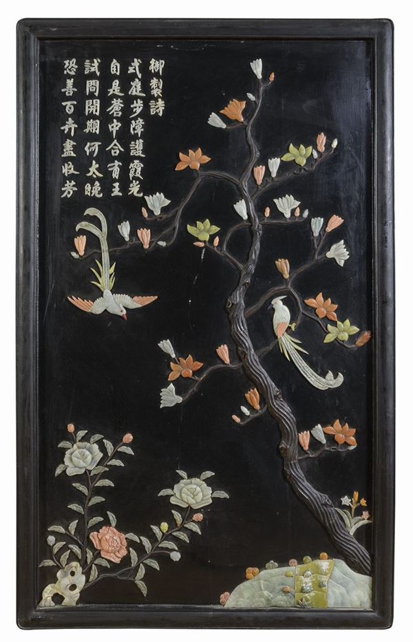 PANNELLO IN LEGNO E PIETRE DURE, CINA