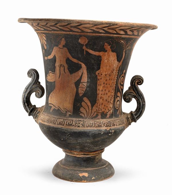 GRANDE CRATERE A CALICE A VERNICE NERA E FIGURE ROSSE, XIX SECOLO
