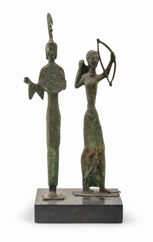 DUE SCULTURE IN  BRONZO DI STILE ETRUSCO, XX SECOLO