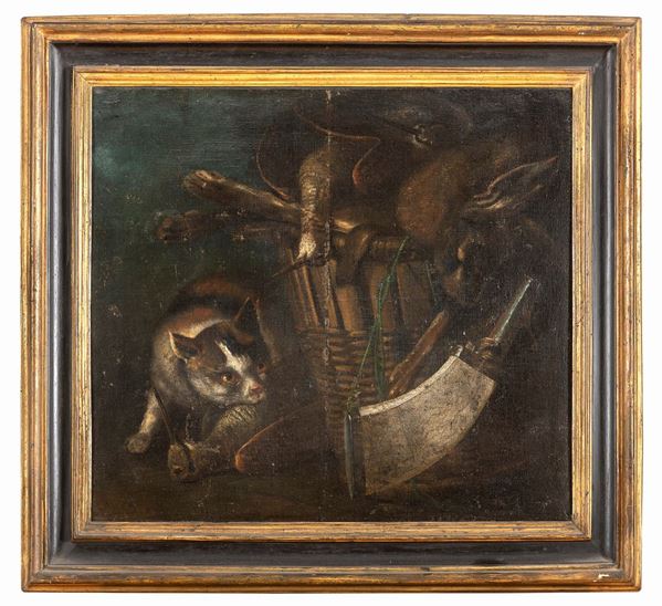DIPINTO CACCIAGIONE E GATTO ATTRIBUITA A JOHANNES HERMANS