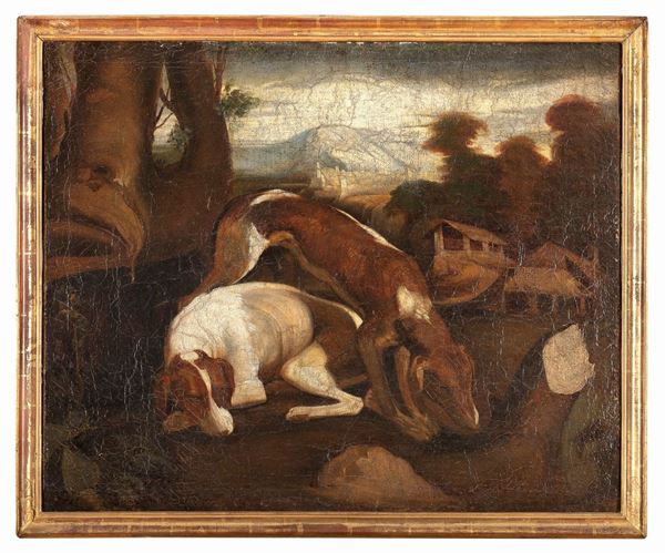 DIPINTO PAESAGGIO CON CANI DI PITTORE DEL XIX SECOLO