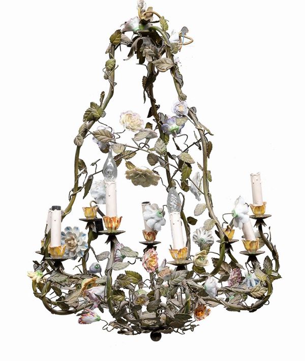 LAMPADARIO A GABBIA CON FIORI IN PORCELLANA